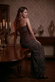 Dark Chocolate Mesh & Raw Silk Satin Mermaid Skirt with Peplum Corset Top